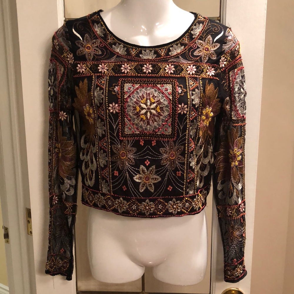 Embroidered Black Long-Sleeve Crop Top with Gold & Red Accents